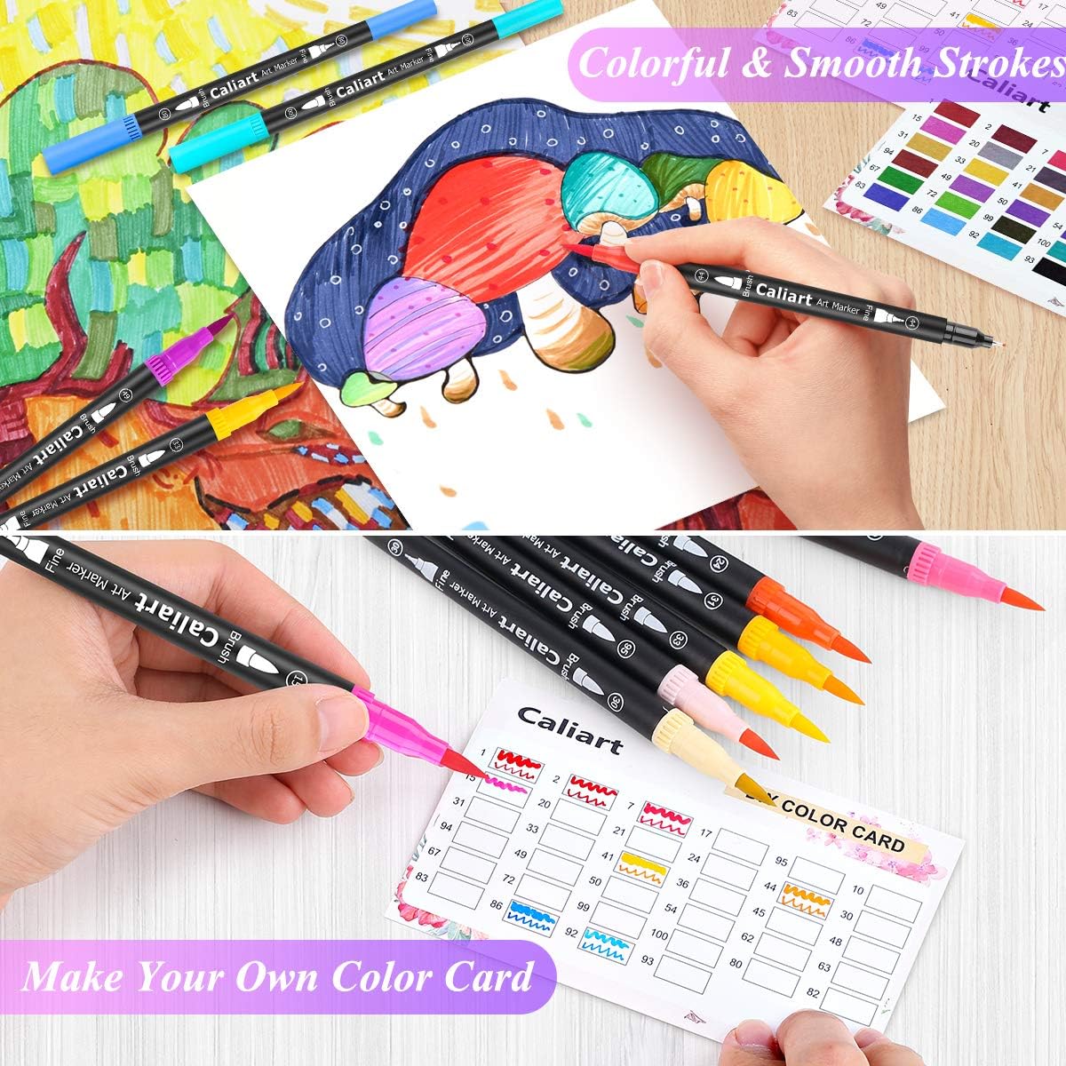 Caliart 34 Double Tip Brush Pens Art Markers, Artist Fine & Brush Pen Coloring Markers for Adult Book Cards Drawing Craft Kit Teacher Office Supplies
