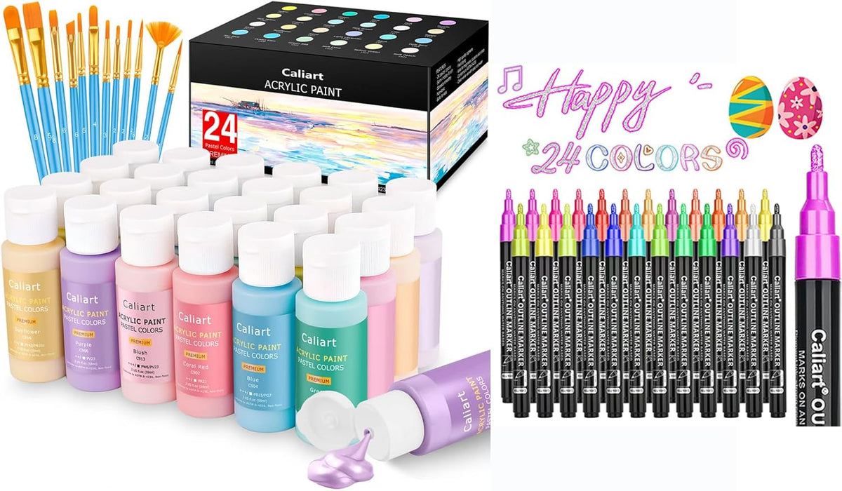 Caliart 24 Colors Pastel Acrylic Paint Set with 12 Brushes, 24-Color Double-Line Drawing Doodle Outline Markers, Canvas Ceramic Rock Craft Painting Kit Art Supplies Gift for Artists Kids Beginners