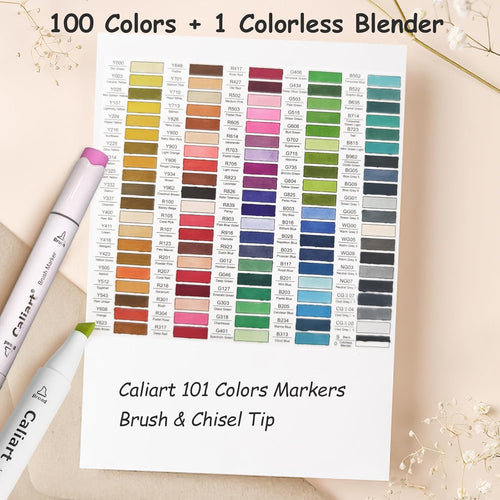 Caliart 101 Colors Alcohol Markers Brush Tip, Dual Tip Brush & Chisel Permanent Art Markers for Adult Coloring Books, Drawing, Sketching, Illustration, with Carrying Case for Artists & Beginners