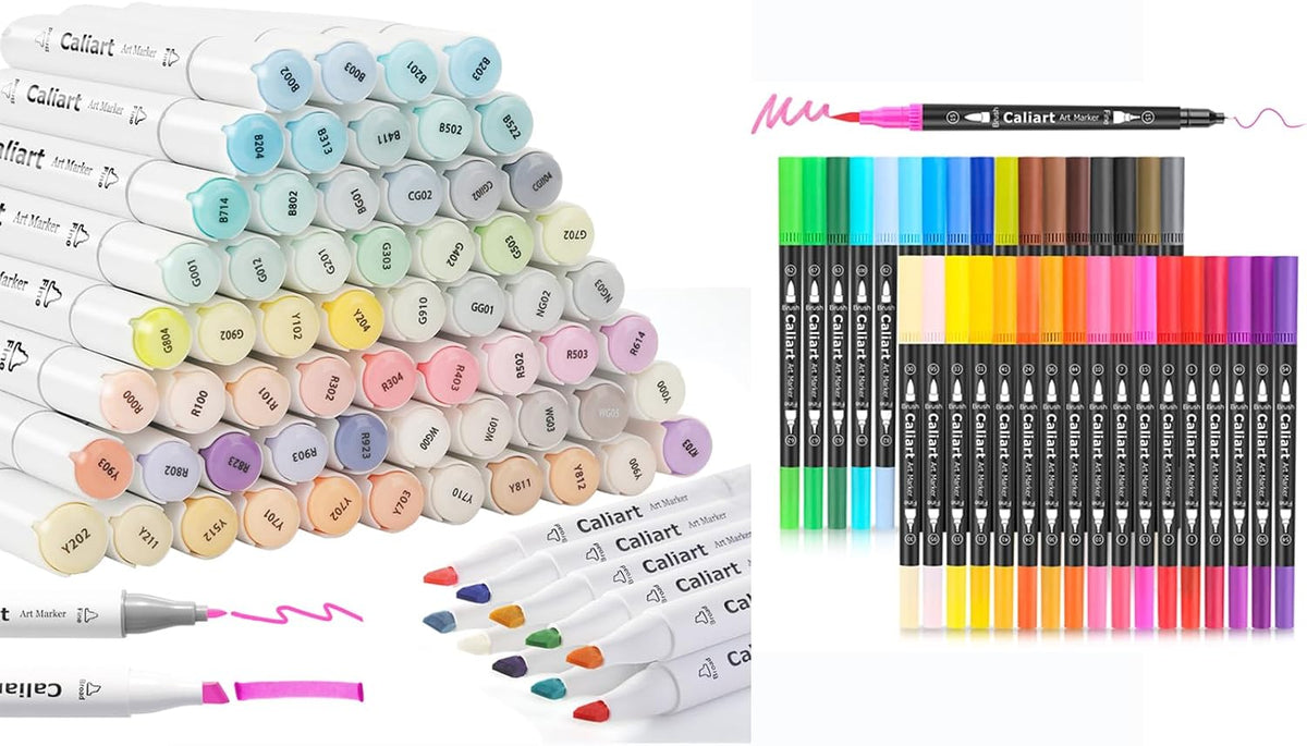 Caliart 61-color pastel alcohol markers with 34 dual tip brush pens, soft tone art marker set for lettering and adult coloring