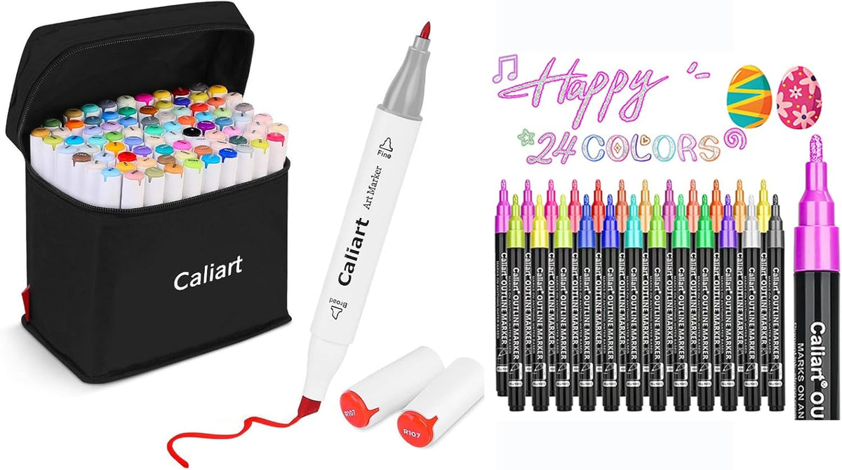 Caliart 81-color alcohol markers with 24 double-line outline pens, permanent art marker set for cards and doodle drawing
