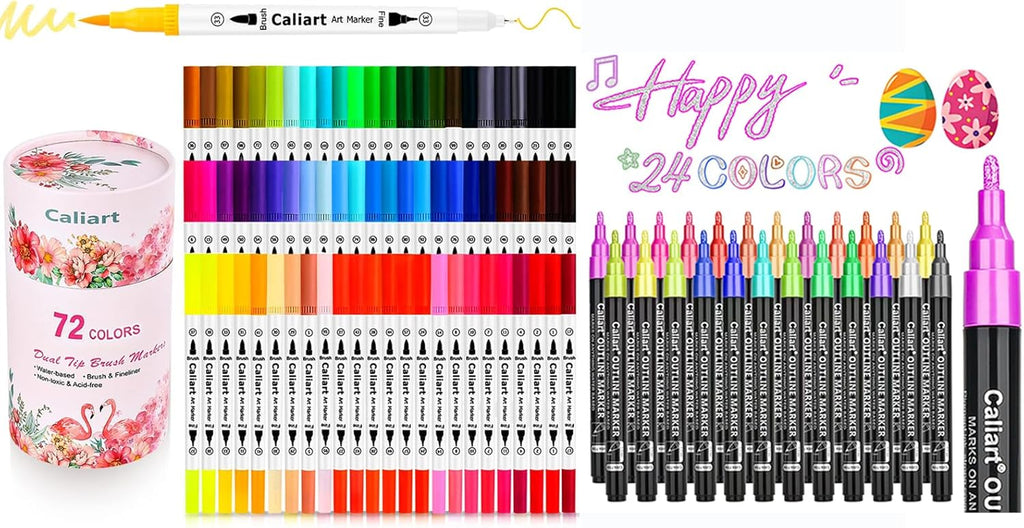 Caliart 72 dual tip brush pens with 24 double-line art markers, pen set for cards and doodle drawing