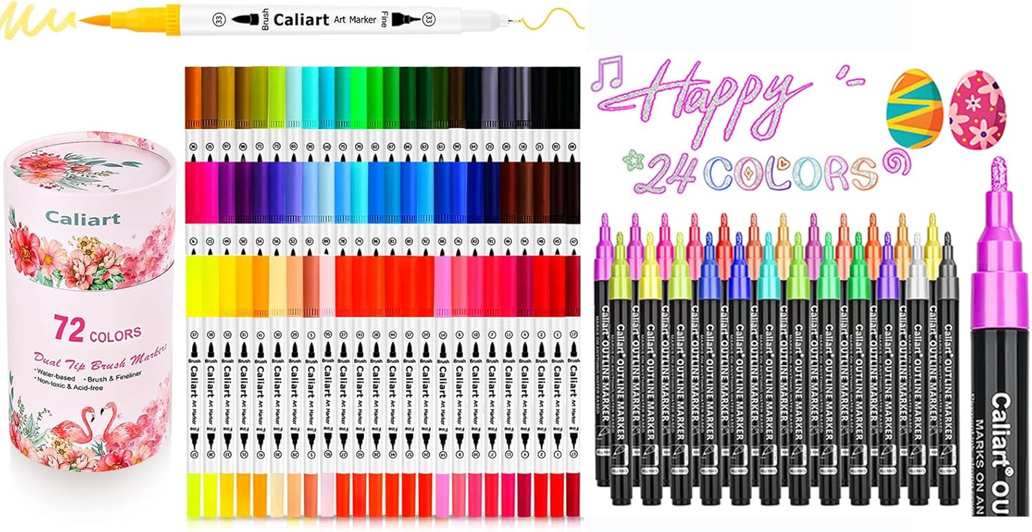 Caliart 72 dual tip brush pens with 24 double-line art markers, pen set for cards and doodle drawing