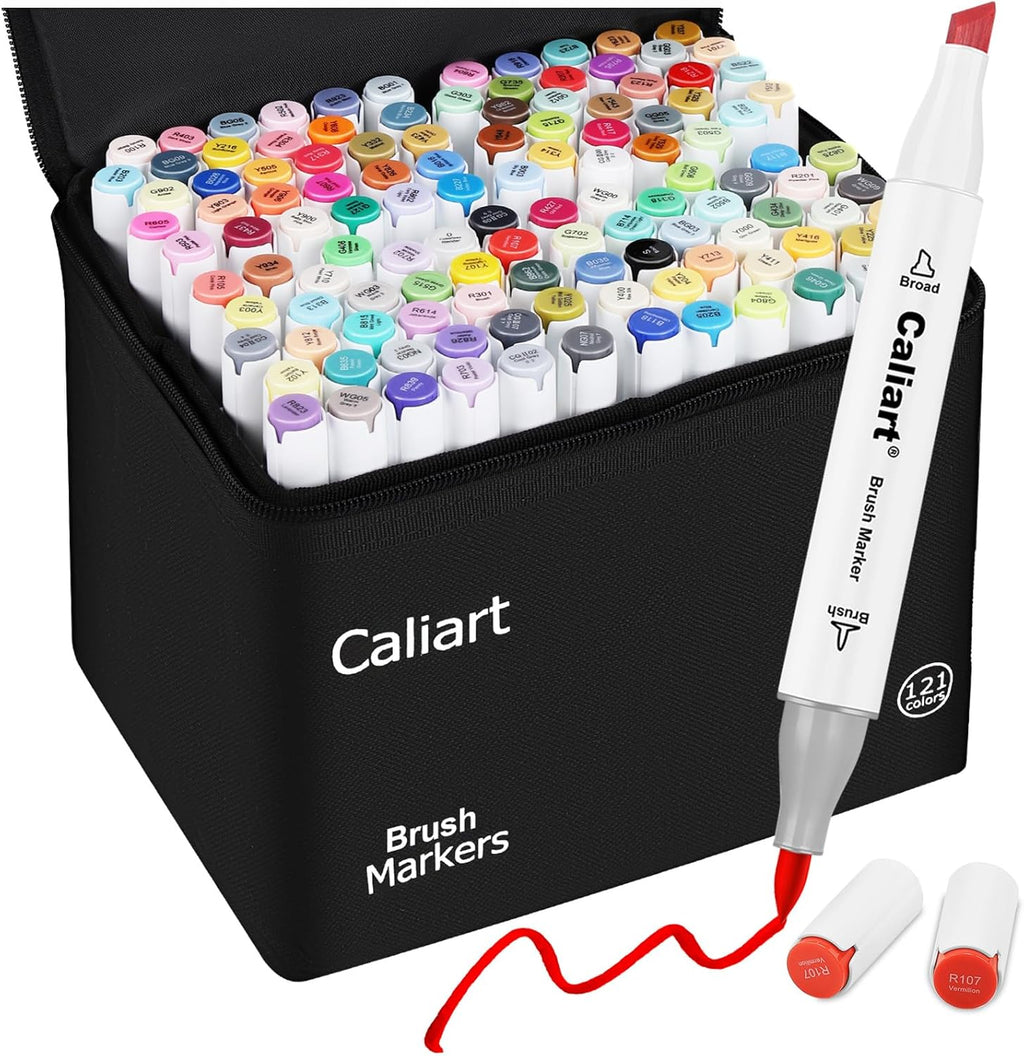 Caliart Alcohol Markers Brush Tip - 121 Colors Dual Tip Art Markers Set for Adult Coloring Books Artist Drawing Illustration Sketching, with Case Permanent Alcohol Based Colored Chisel & Brush Pens
