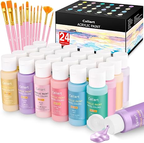 Caliart Pastel Acrylic Paint Set with 12 Brushes – 24 Vibrant Colors
