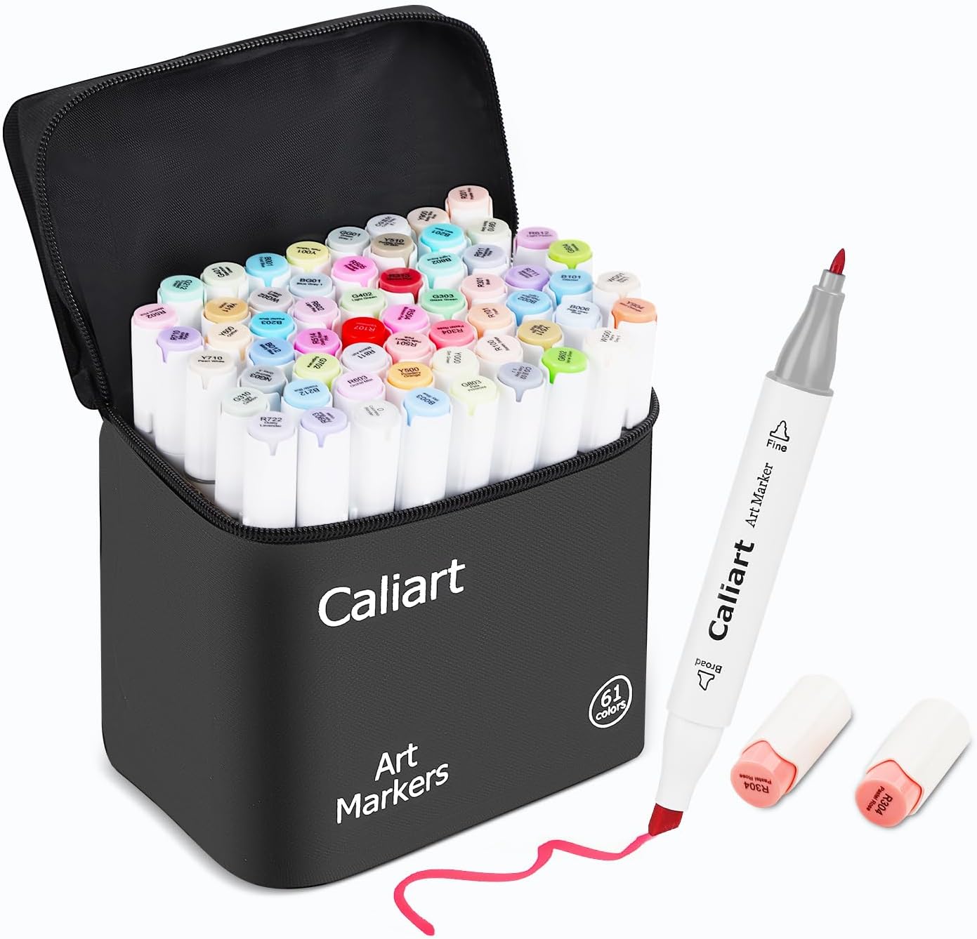 Caliart Pastel Alcohol Markers, 61 Colors Fine & Broad Chisel Dual Tip Permanent Art Markers with Carrying Case, Alcohol Based Sketch Pens for Adults Artists Coloring Painting Drawing Illustration