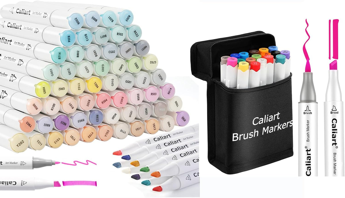 Caliart 61-color pastel alcohol markers with 18 brush and chisel dual tip markers, soft tone art marker set
