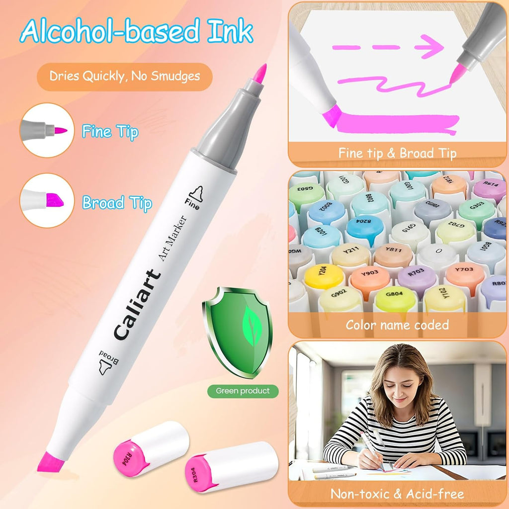 Caliart Pastel Alcohol Markers, 61 Colors Fine & Broad Chisel Dual Tip Permanent Art Markers with Carrying Case, Alcohol Based Sketch Pens for Adults Artists Coloring Painting Drawing Illustration