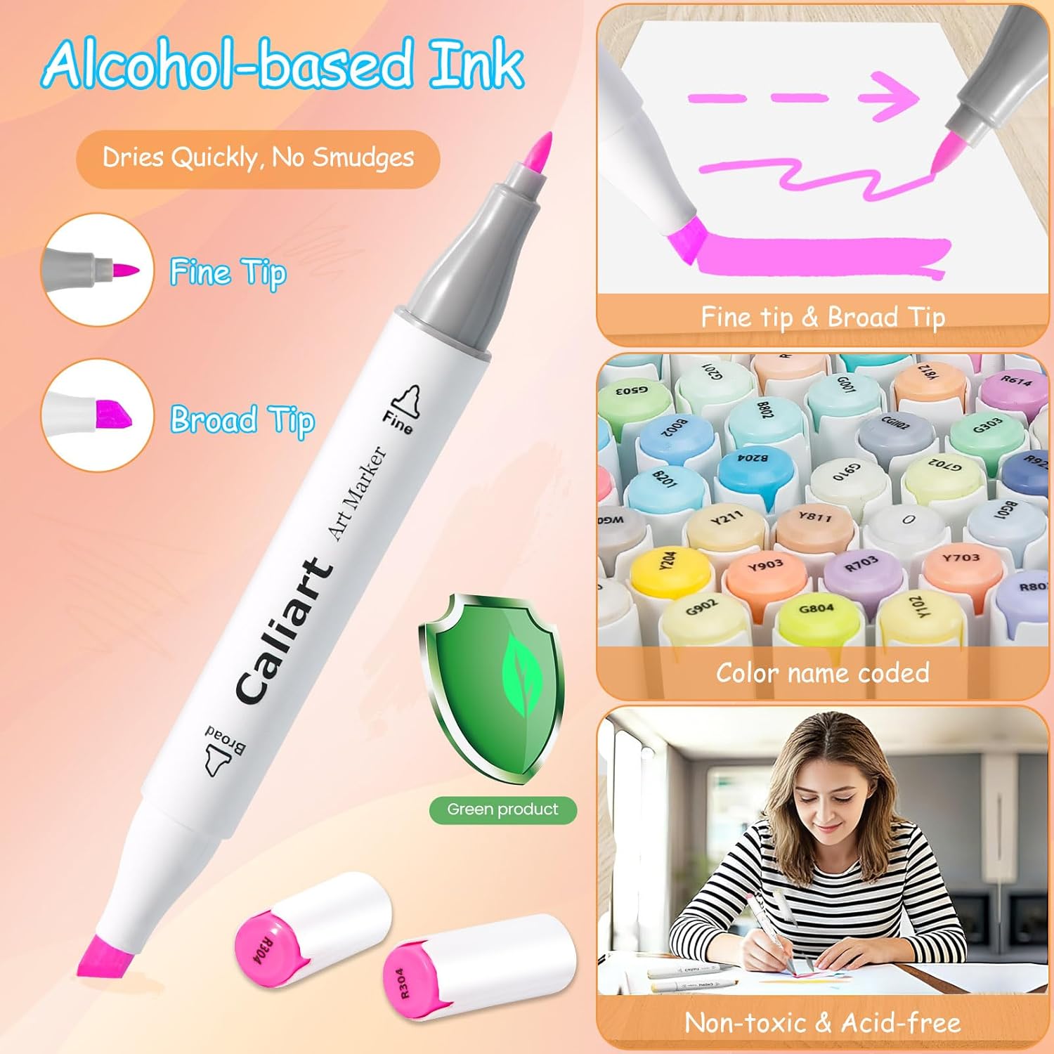 Caliart Pastel Alcohol Markers, 61 Colors Fine & Broad Chisel Dual Tip Permanent Art Markers with Carrying Case, Alcohol Based Sketch Pens for Adults Artists Coloring Painting Drawing Illustration