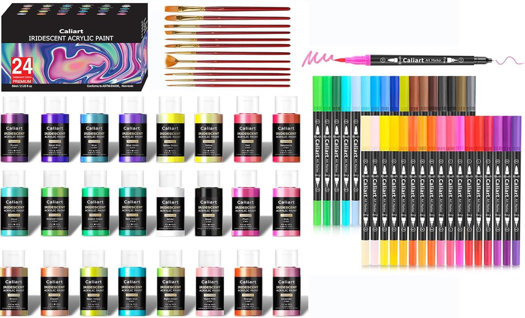 Caliart 24 Colors Iridescent Acrylic Paint with 12 Brushes, 34 Double Tip Brush Pens Art Markers, Canvas Ceramic Rock Craft Painting Kit Art Supplies Gift for Artists Kids Beginners