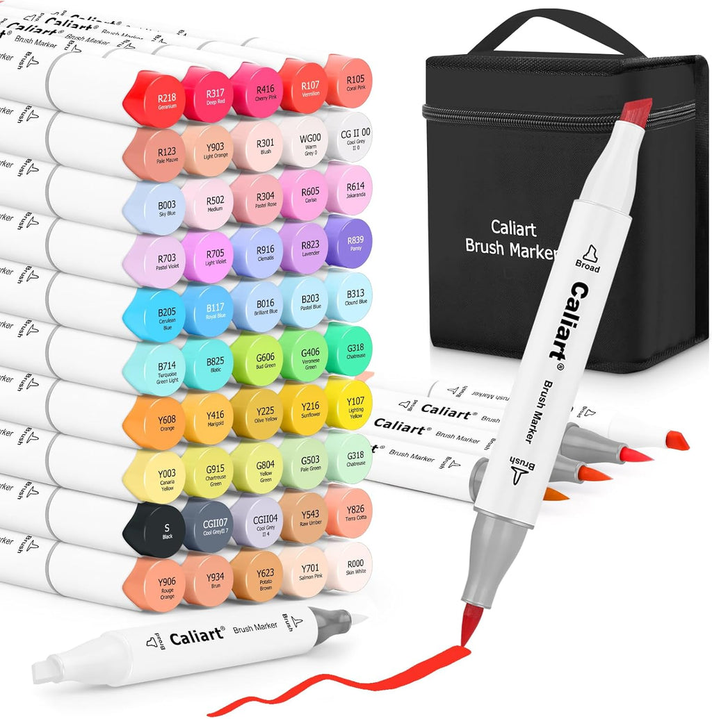 Caliart 51-color alcohol marker set shown with carrying case and 34 brush pens