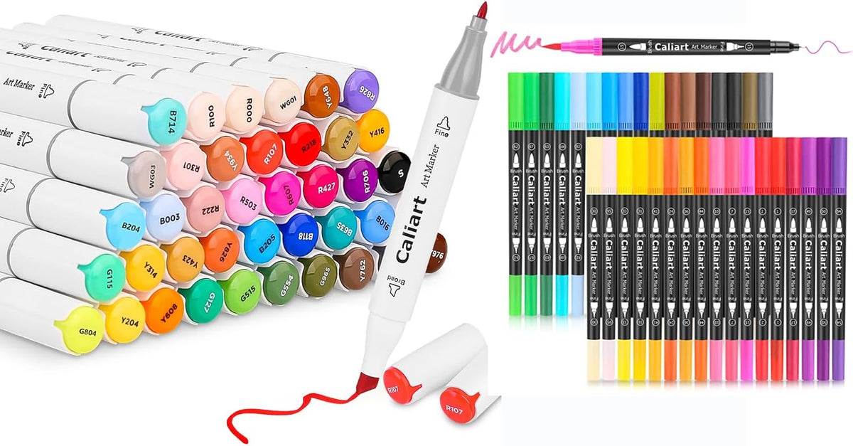 Caliart 41-color alcohol markers with 34 dual tip brush pens, permanent art marker set for artists, students and adult coloring