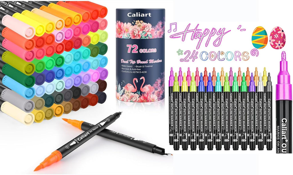 Caliart 72 dual tip brush pens with 24 double-line outline markers, art pen set for doodling and card making