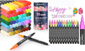 Caliart 72 dual tip brush pens with 24 double-line outline markers, art pen set for doodling and card making