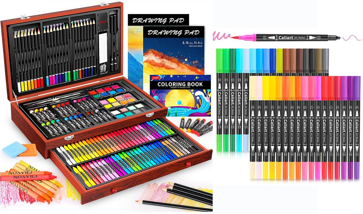 Caliart 153-piece deluxe wooden art set with 34 dual tip brush pens, markers and pencils for artists, teens and adults