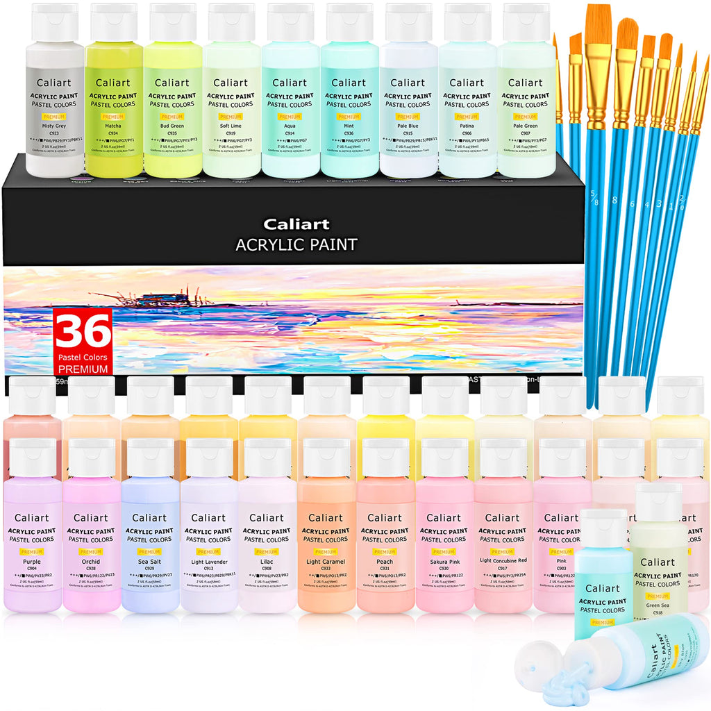 Caliart Acrylic Paint Large Set (120ml/4oz) with 12 Brushes, 24 Colors Art Craft Paints Kit for Adults Artists Beginners on Canvas Ceramic Wood Rock Painting Art Supplies