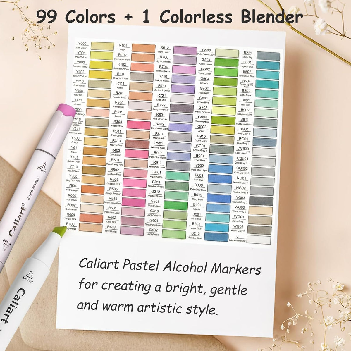 Caliart Pastel Alcohol Markers Brush Tip, 100 Colors Dual Tip Coloring Marker Pen Set Brush & Chisel, Art Supplies Gift for Adults Coloring Book Artists Sketch Drawing Illustration
