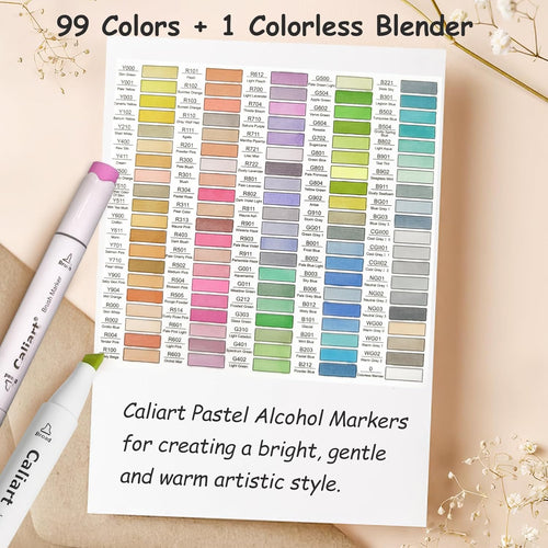 Caliart Pastel Alcohol Markers Brush Tip, 100 Colors Dual Tip Coloring Marker Pen Set Brush & Chisel, Art Supplies Gift for Adults Coloring Book Artists Sketch Drawing Illustration