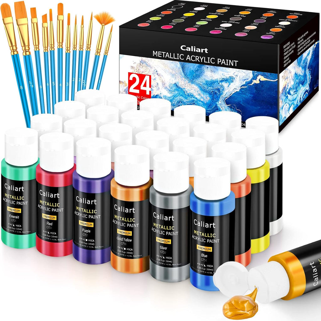 Caliart 24 Colors Metallic Acrylic Paint Set with 12 Brushes, 34 Double Tip Brush Pens Art Markers, Canvas Ceramic Rock Craft Painting Kit Art Supplies Gift for Artists Kids Beginners