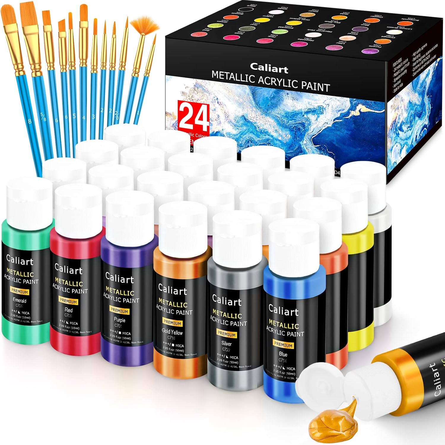 Caliart Acrylic Paint Set with 12 Brushes, 24 Metallic Colors (59ml, 2oz) Art Craft Paints for Adults Artists Beginners Painters, Canvas Halloween Pumpkin Ceramic Wood Rock Painting Kit Art Supplies