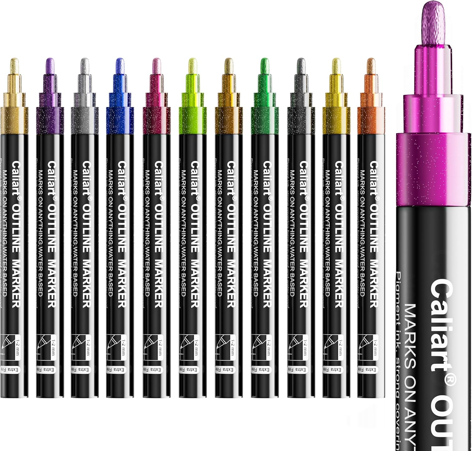 Caliart 12 Colors Outline Markers Shimmer Glitter Pens, Cool Fun Craft Metallic Drawing Marker Set, Trendy Stuff Art Supplies Gifts for Artists Teen Kids Girls Adults