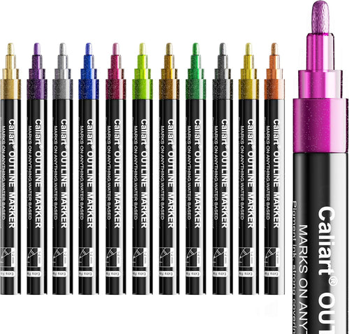 Caliart 12 Colors Outline Markers Shimmer Glitter Pens, Cool Fun Craft Metallic Drawing Marker Set, Trendy Stuff Art Supplies Gifts for Artists Teen Kids Girls Adults