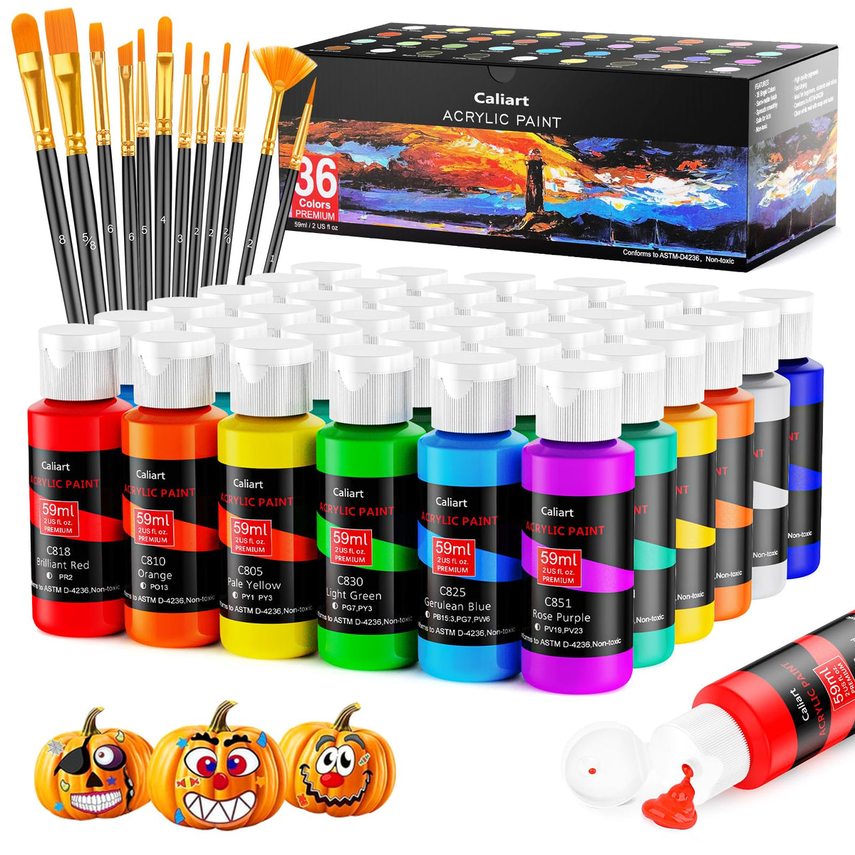 Caliart Acrylic Paint Set, 52 Colors Art Craft Paints, Rich Pigments Water Proof for Adults Artists Beginners, Canvas Ceramic Wood Fabric Rock Painting Kit Art Supplies with 4 Brushes