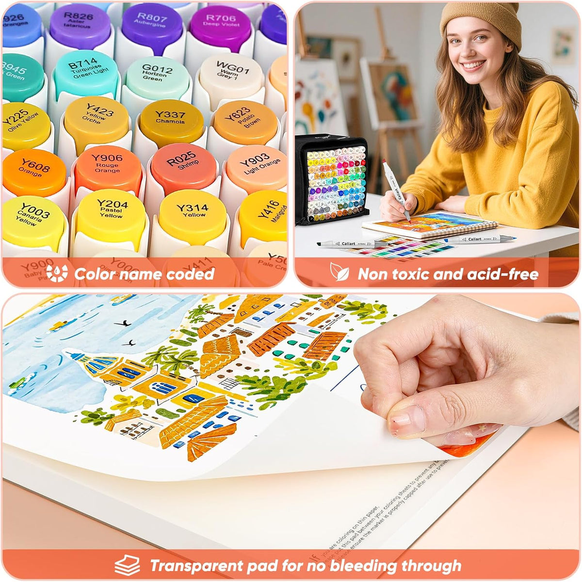 Caliart 41 Colors Alcohol Markers Dual Tip Fine & Chisel, Based Art Markers Permanent Pens for Adults Coloring Books, Artists Drawing Sketch Illustration Highlighting, Art Supplies with Storage Case