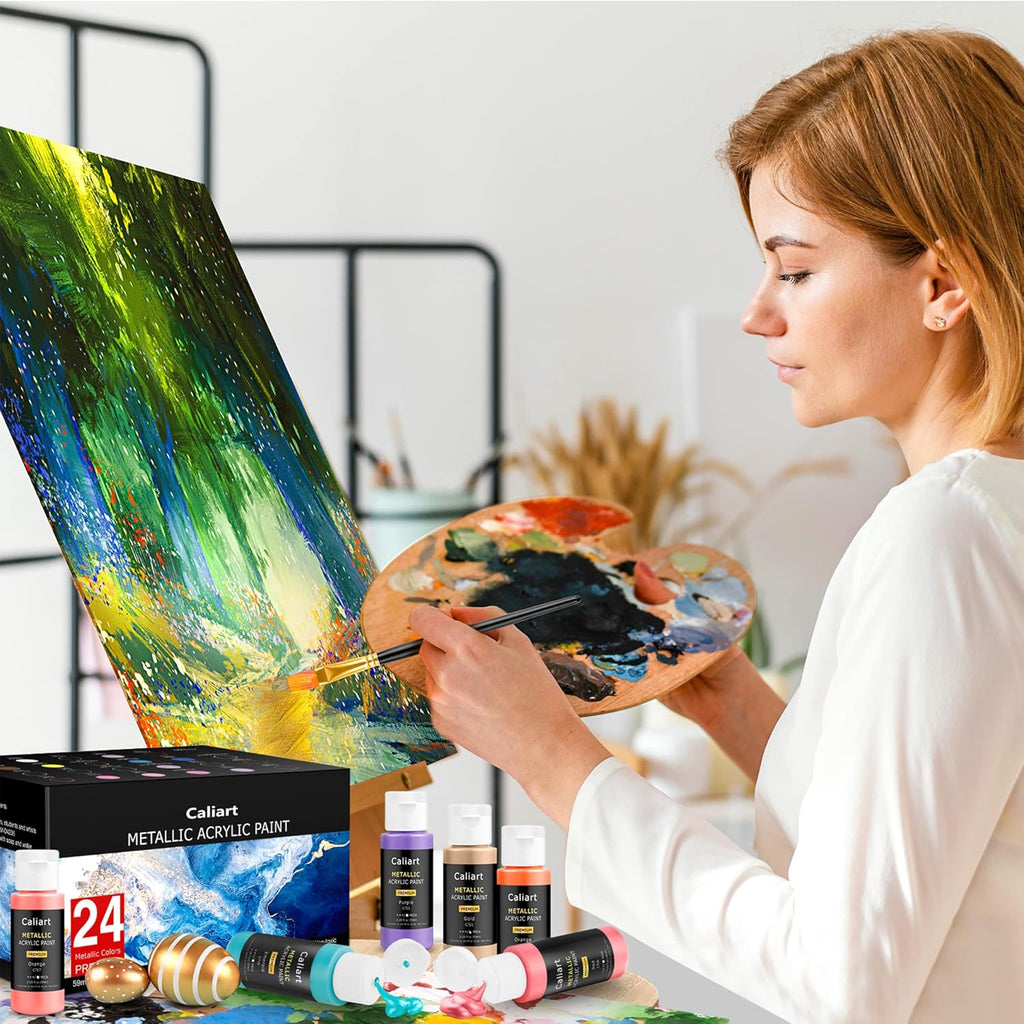 Caliart Acrylic Paint Set with 12 Brushes, 24 Metallic Colors (59ml, 2oz) Art Craft Paints for Adults Artists Beginners Painters, Canvas Halloween Pumpkin Ceramic Wood Rock Painting Kit Art Supplies
