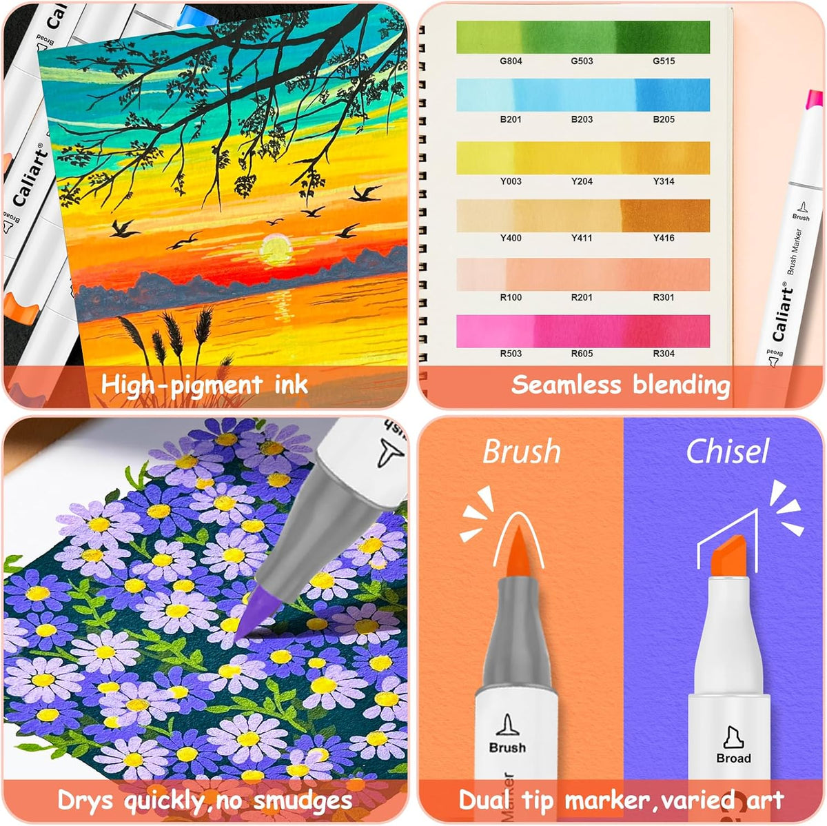 Caliart 101 Colors Alcohol Markers Brush Tip, Dual Tip Brush & Chisel Permanent Art Markers for Adult Coloring Books, Drawing, Sketching, Illustration, with Carrying Case for Artists & Beginners