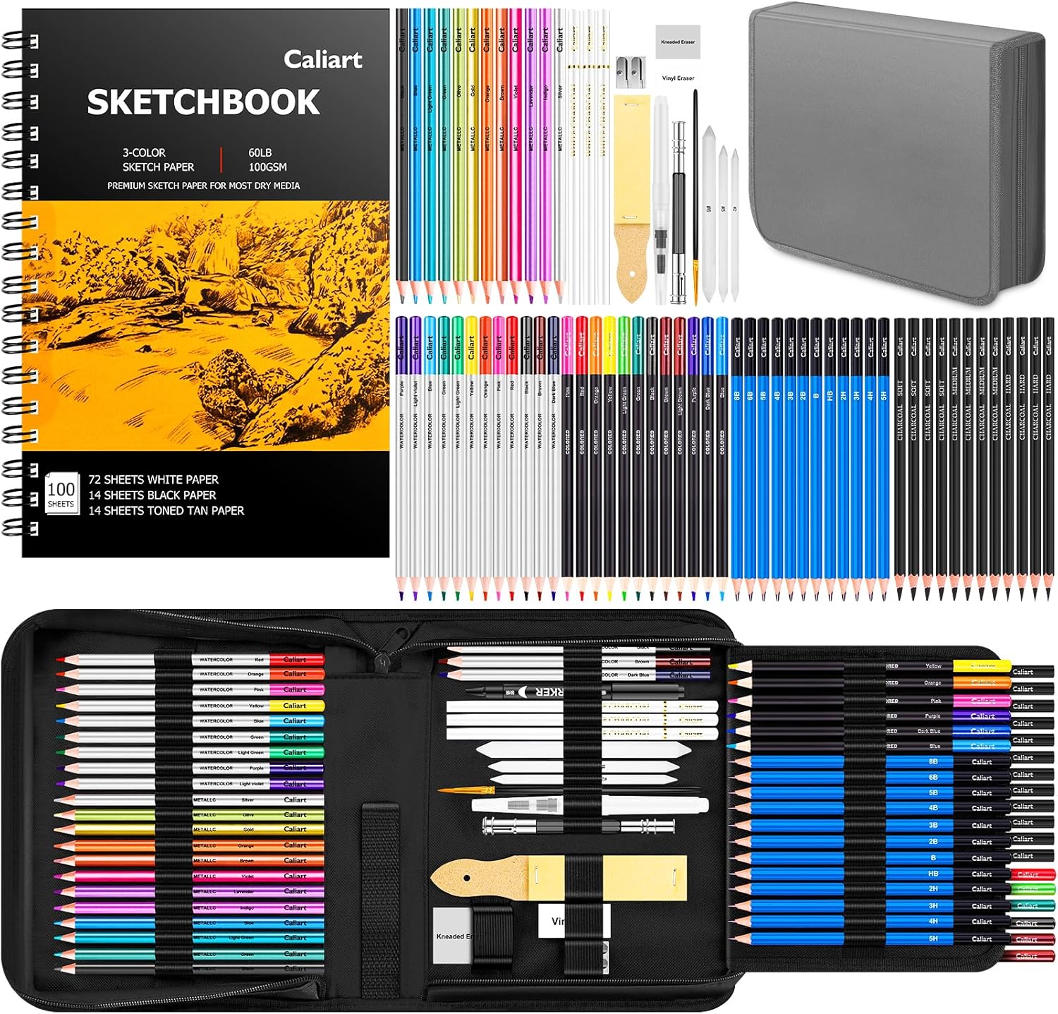 Caliart 176PCS Art Supplies Sketching Kit with 100 Sheets 3-Color Sketch Book, Graphite Colored Charcoal Watercolor & Metallic Pencils, Drawing Supplies Set Gifts for Artists Adults Beginners