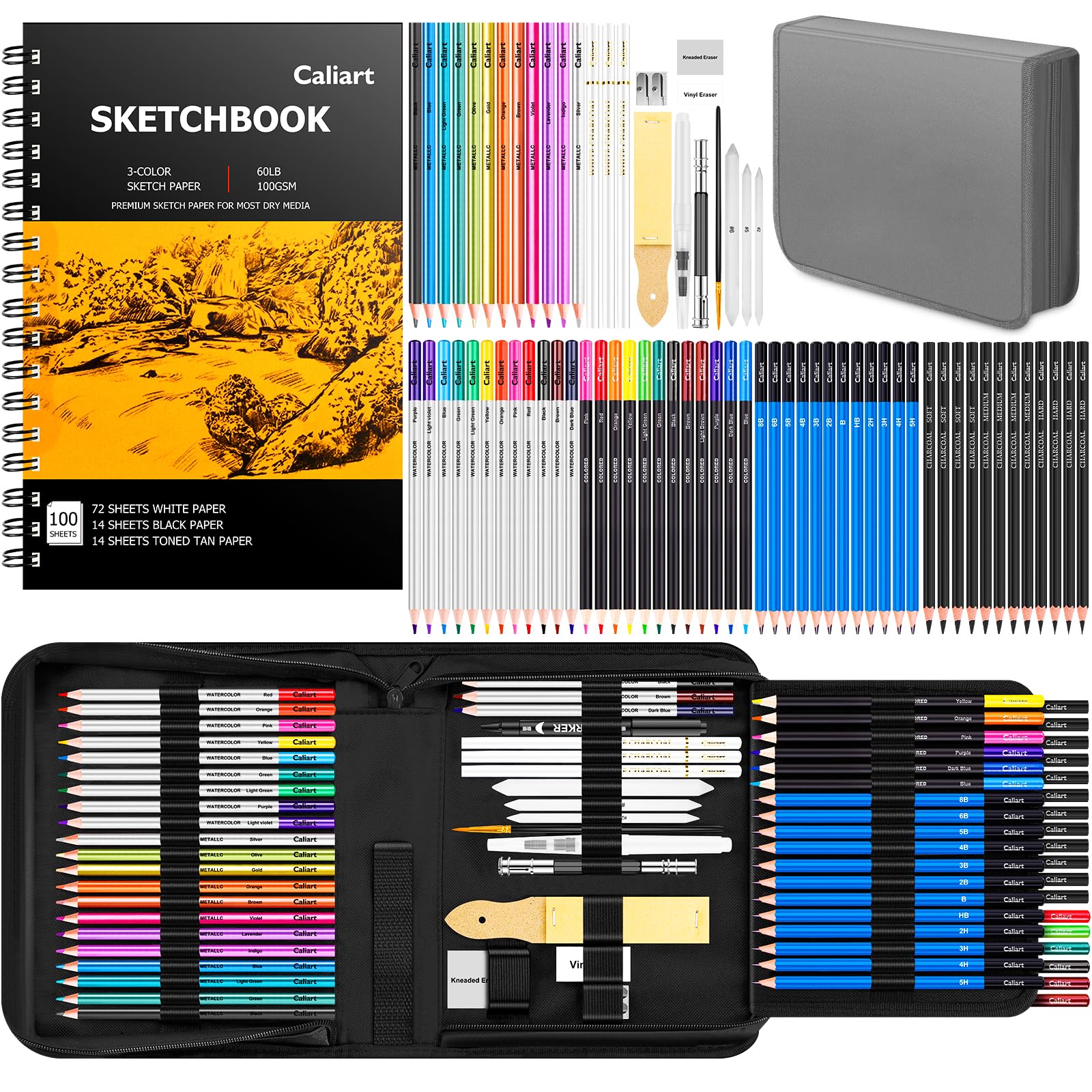 Caliart 176PCS Art Supplies Sketching Kit with 100 Sheets 3-Color Sketch Book, Graphite Colored Charcoal Watercolor & Metallic Pencils, Drawing Supplies Set Gifts for Artists Adults Beginners