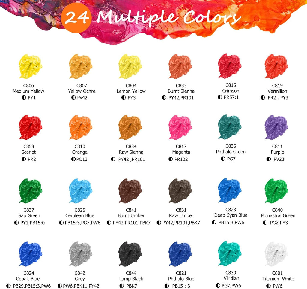 Caliart Acrylic Paint Large Set (120ml/4oz) with 12 Brushes, 24 Colors Art Craft Paints Kit for Adults Artists Beginners on Canvas Ceramic Wood Rock Painting Art Supplies