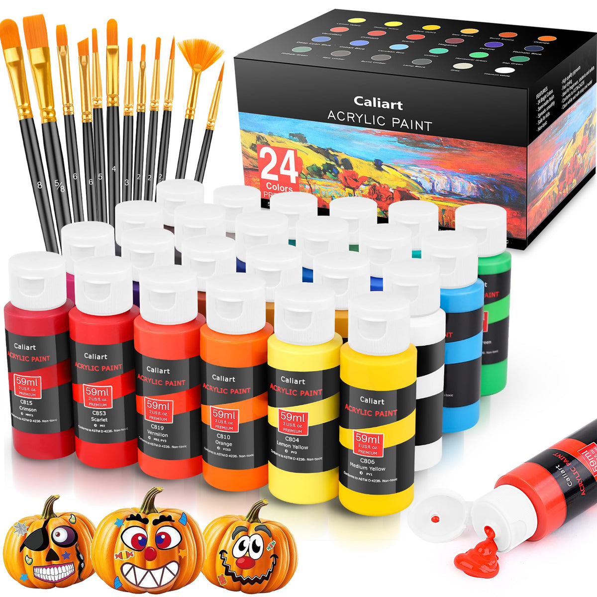 Caliart Acrylic Paint Set with 12 Brushes, 42 Colors (59ml, 2oz) Art Craft Paints Gifts for Adults Artists Beginners Painters, Halloween Pumpkin Canvas Ceramic Rock Painting Kit Art Supplies