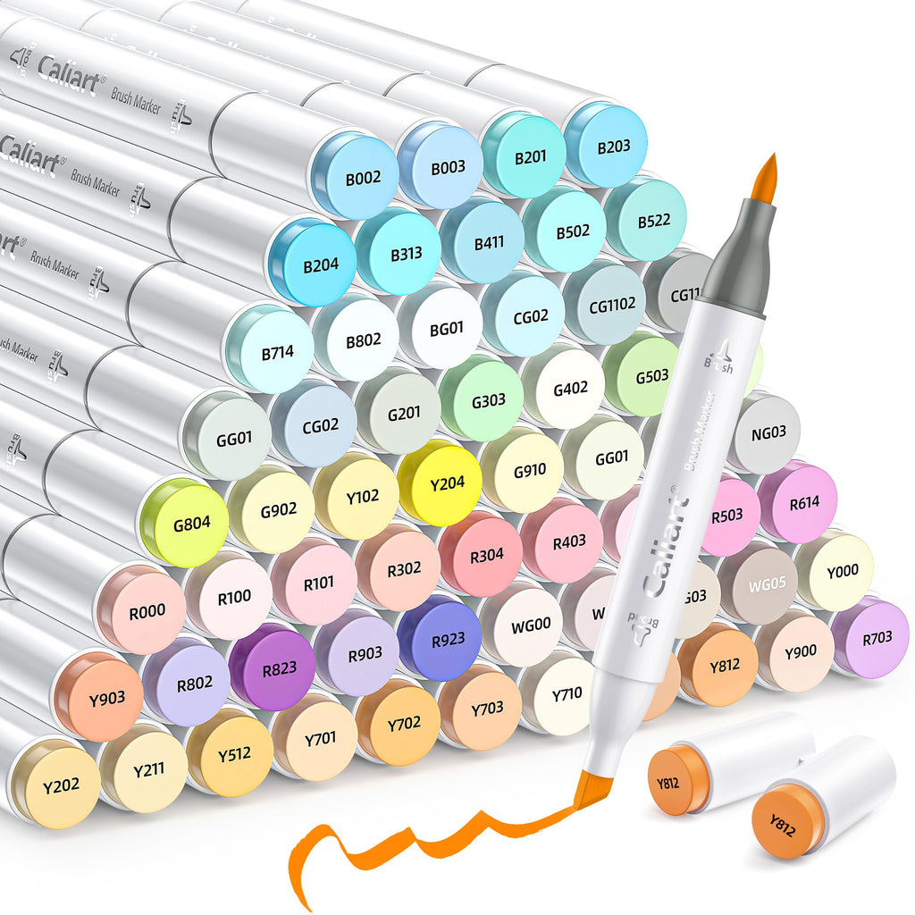 Caliart Alcohol Markers Brush Tip, 61 Colors Pastel Coloring Marker Set Dual Tip Fine & Brush, with Case Permanent Alcohol Based Colored Art Pens for Adult Coloring Books Artists Drawing Gifts