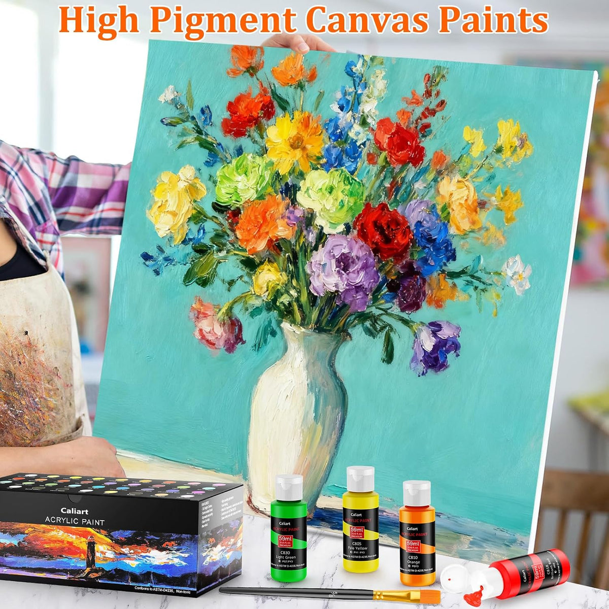Caliart 36 Colors Acrylic Paint Set with 12 Brushes | Craft Painting kit for Adults Artists Beginners, Rich Pigment Non-toxic, Canvas Wood Rock Pumpkin Ceramic Art Supplies Paint