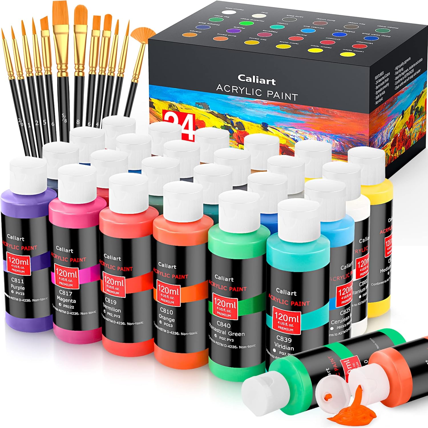 Caliart Acrylic Paint Large Set (120ml/4oz) with 12 Brushes, 24 Colors Art Craft Paints Kit for Adults Artists Beginners on Canvas Ceramic Wood Rock Painting Art Supplies
