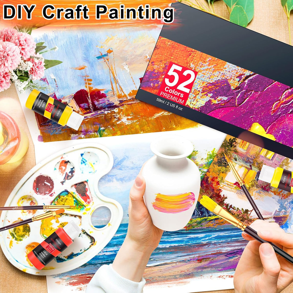 Caliart Acrylic Paint Set, 52 Colors Art Craft Paints, Rich Pigments Water Proof for Adults Artists Beginners, Canvas Ceramic Wood Fabric Rock Painting Kit Art Supplies with 4 Brushes