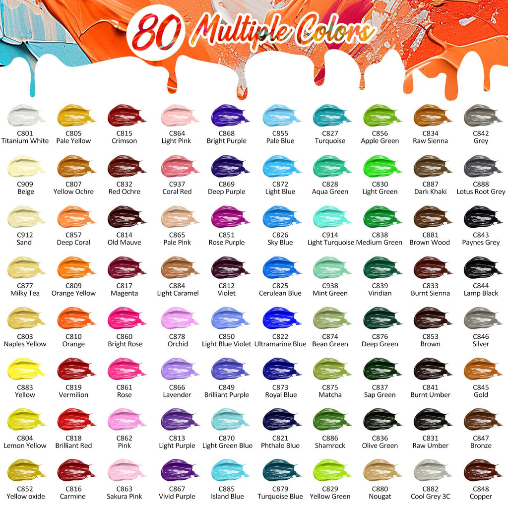 Caliart 80-color acrylic paint color swatch chart