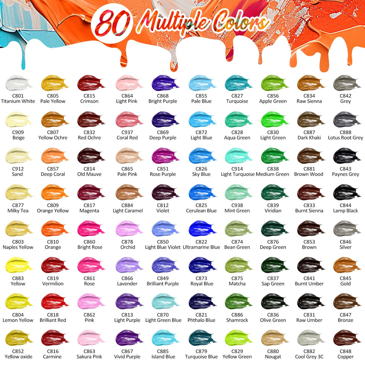 Caliart 80-color acrylic paint color swatch chart