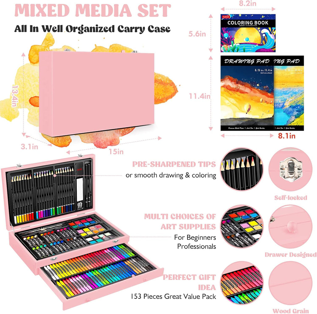 Caliart Art Supplies Kit, 153-Pack Deluxe Drawing Art Set Painting Coloring | 2 A4 Sketch Pads, Coloring Book, Colored Pencils, Crayons, Crafts Gifts for Artists Teen Girls Boys Kids Adults