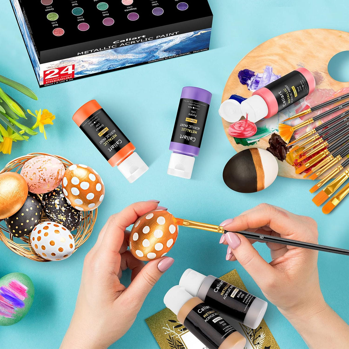 Caliart 24 Colors Metallic Acrylic Paint Set with 12 Brushes, 34 Double Tip Brush Pens Art Markers, Canvas Ceramic Rock Craft Painting Kit Art Supplies Gift for Artists Kids Beginners