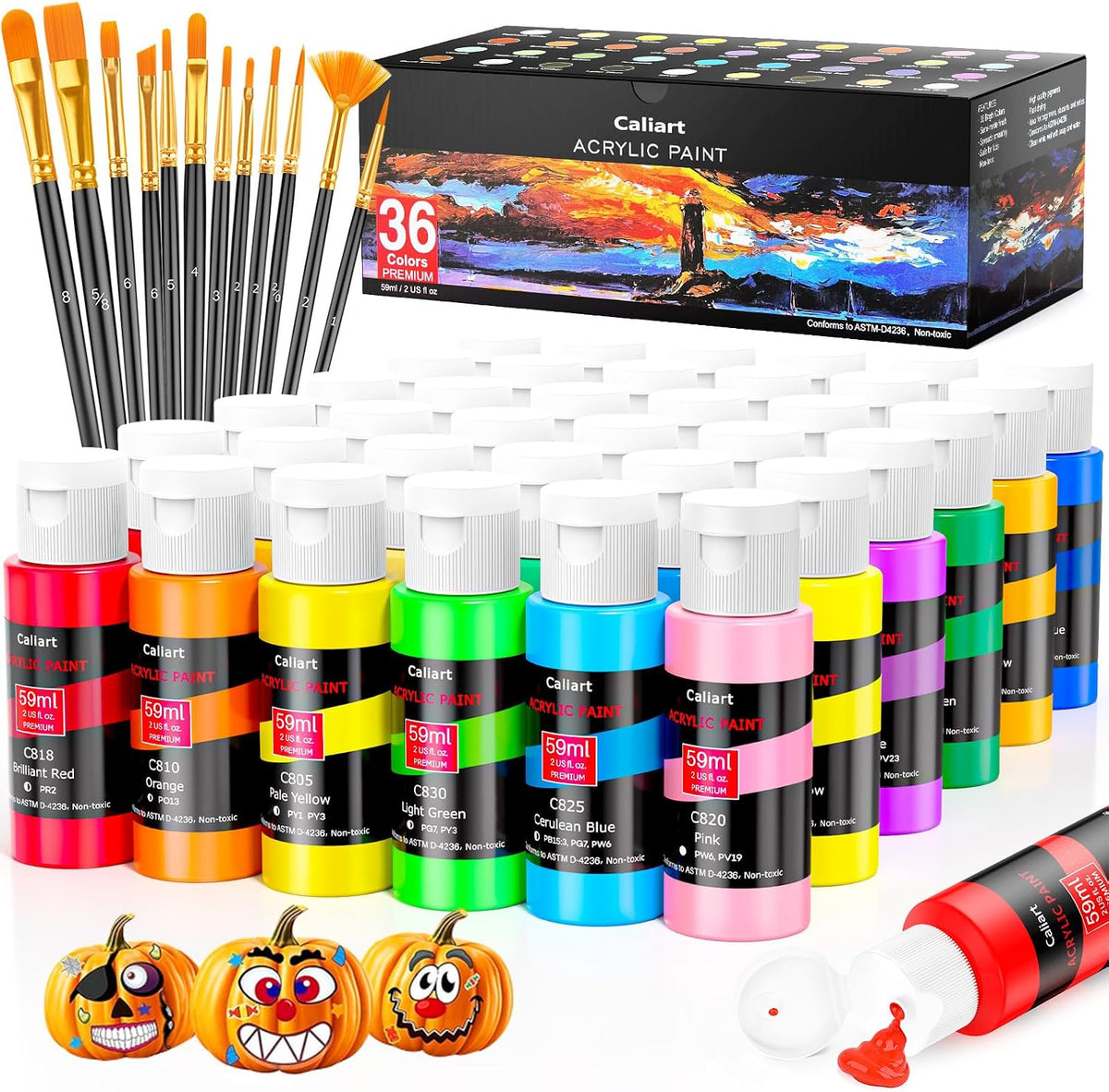 Caliart 36 Colors Acrylic Paint Set with 12 Brushes | Craft Painting kit for Adults Artists Beginners, Rich Pigment, Canvas Wood Rock Pumpkin Ceramic Art Supplies Paint