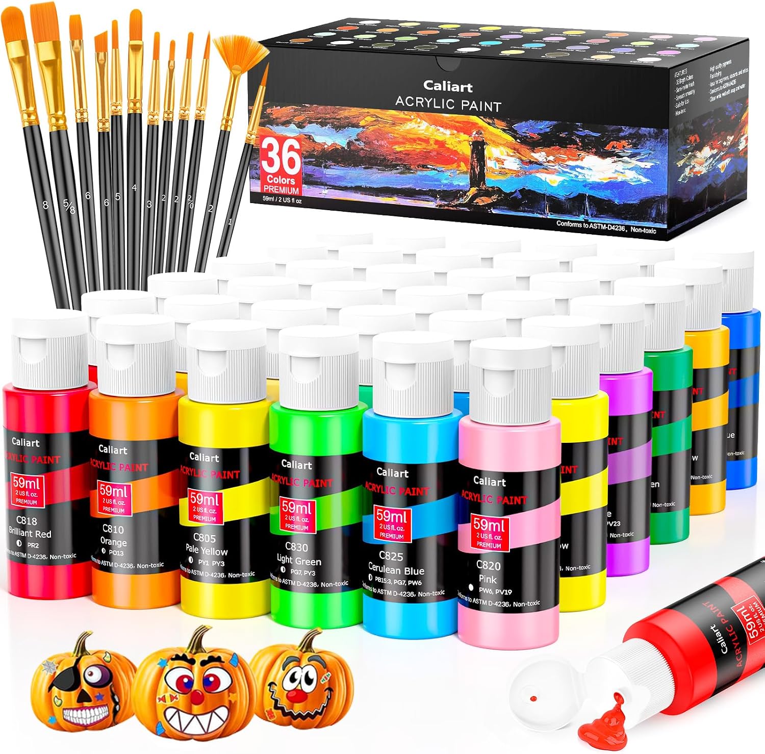 Caliart 36 Colors Acrylic Paint Set with 12 Brushes | Craft Painting kit for Adults Artists Beginners, Rich Pigment Non-toxic, Canvas Wood Rock Pumpkin Ceramic Art Supplies Paint