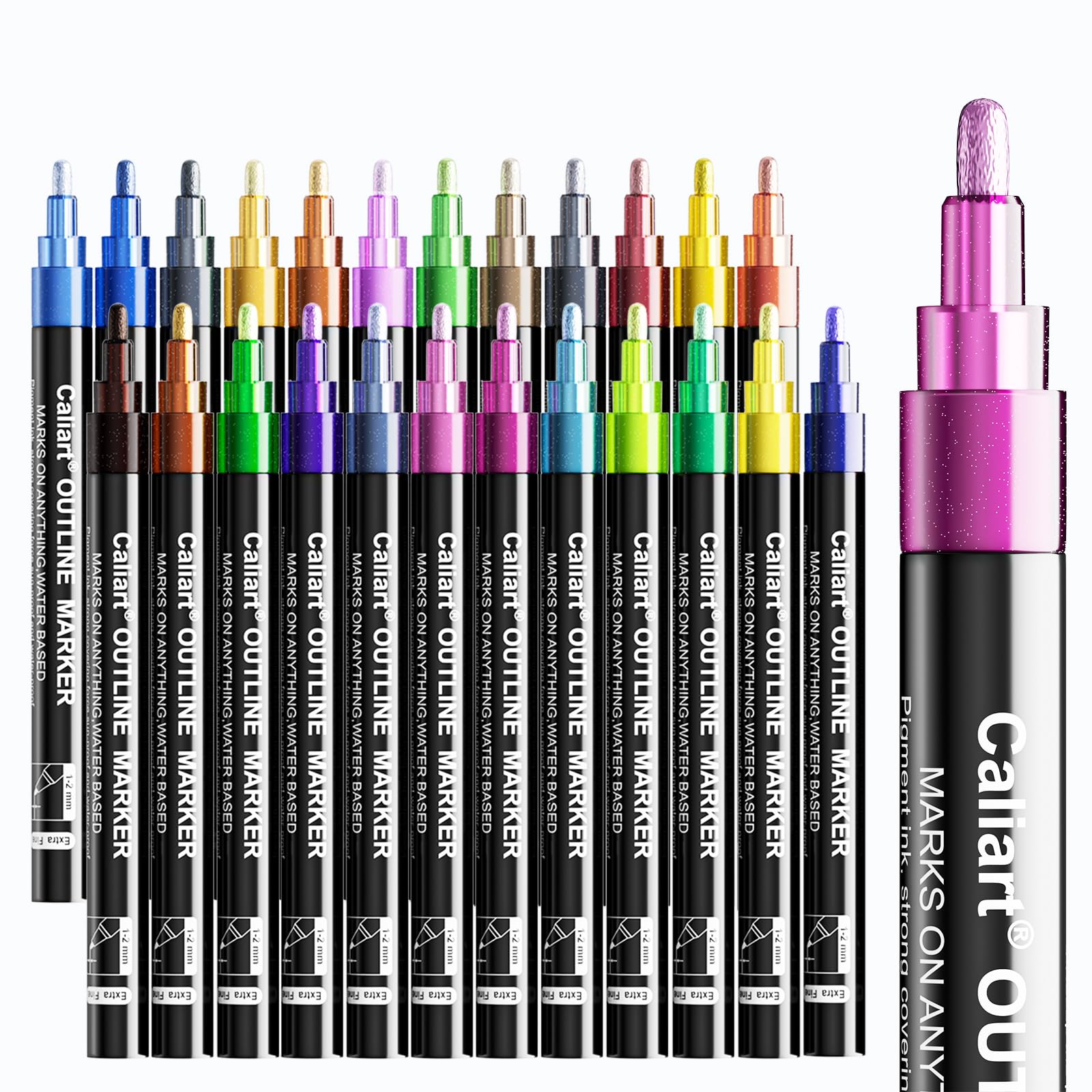Caliart 12 Colors Outline Markers Shimmer Glitter Pens, Cool Fun Craft Metallic Drawing Marker Set, Trendy Stuff Art Supplies Gifts for Artists Teen Kids Girls Adults