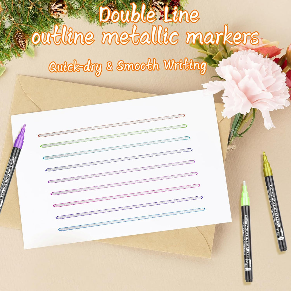 Caliart 12 Colors Outline Markers Shimmer Glitter Pens, Cool Fun Craft Metallic Drawing Marker Set, Trendy Stuff Art Supplies Gifts for Artists Teen Kids Girls Adults