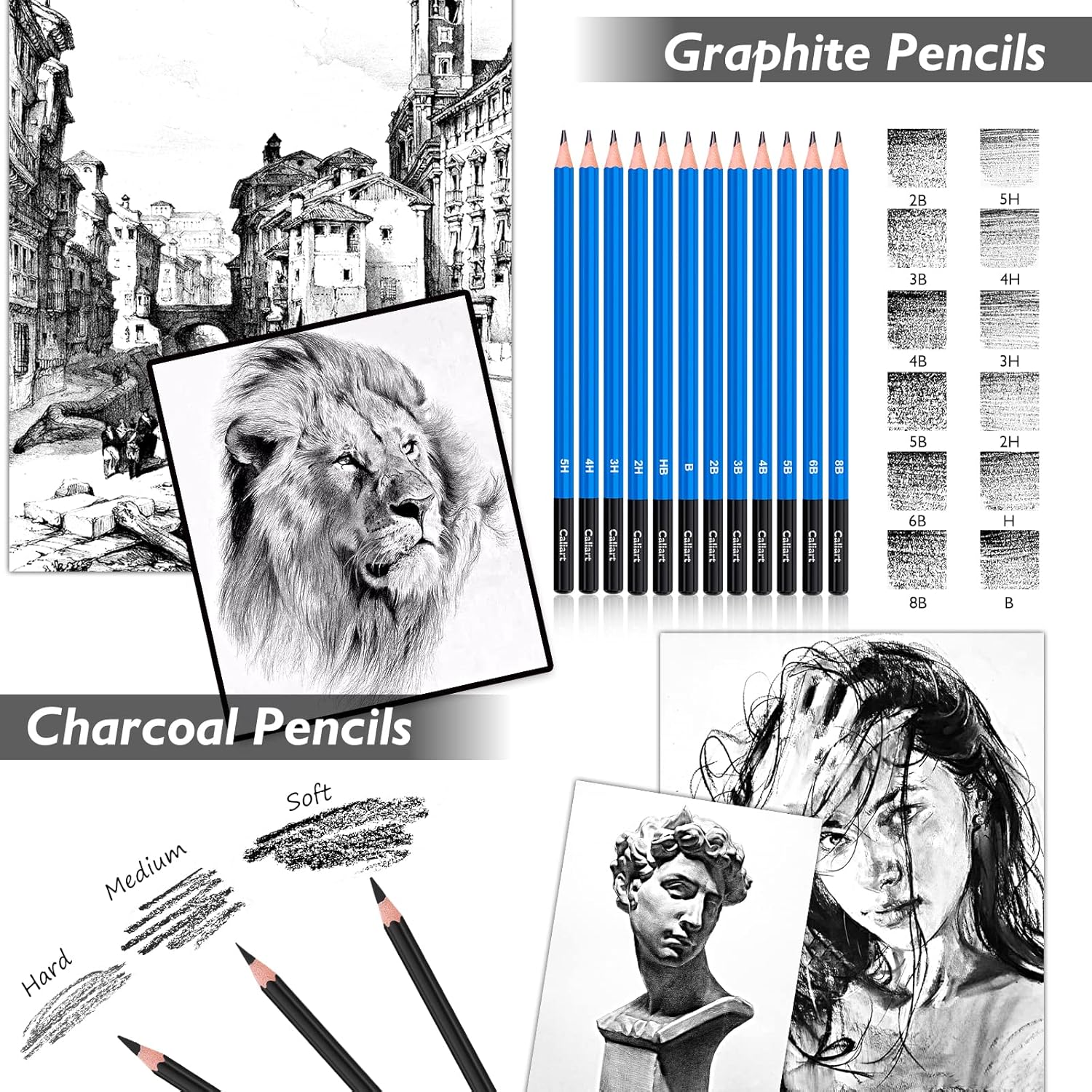 Caliart 176-piece sketching kit with 34 dual tip brush pens, markers and pencils, complete art set for artists, teens and adults