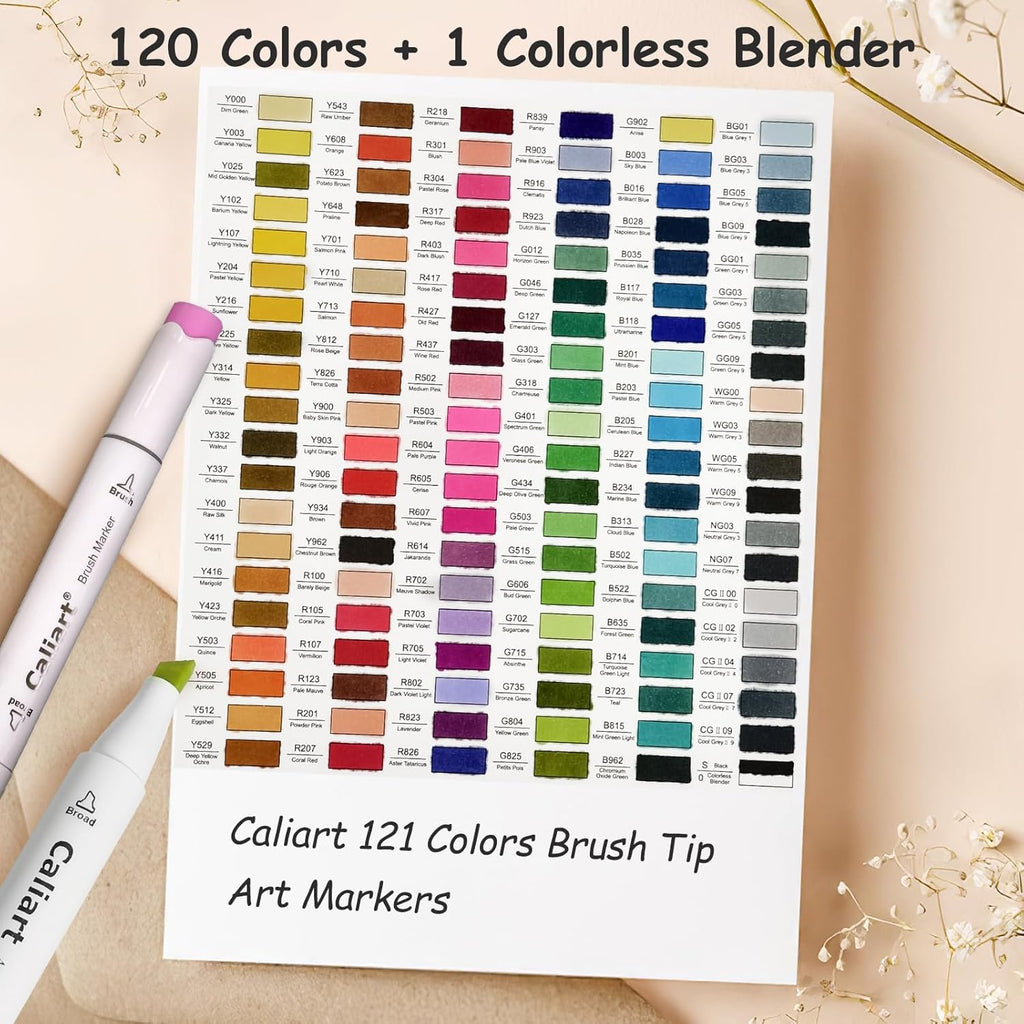 Caliart Alcohol Markers Brush Tip - 121 Colors Dual Tip Art Markers Set for Adult Coloring Books Artist Drawing Illustration Sketching, with Case Permanent Alcohol Based Colored Chisel & Brush Pens