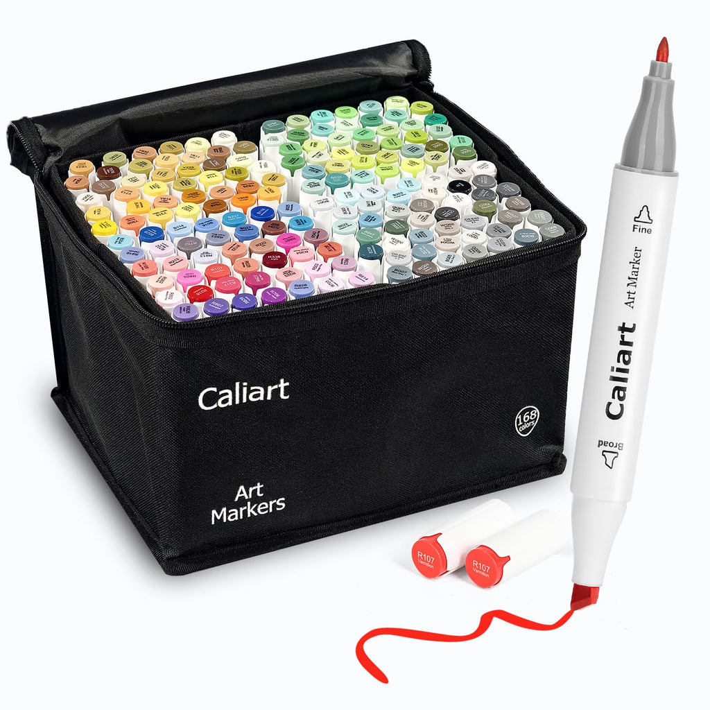 Caliart 168-Color Dual Tip Alcohol Markers, Chisel & Fine