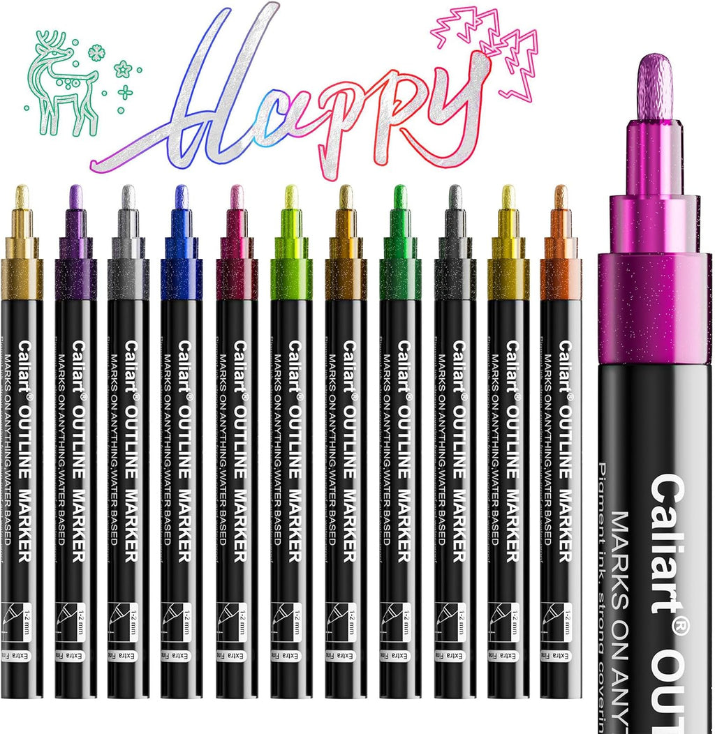 Caliart 12 Colors Outline Markers Shimmer Glitter Pens, Cool Fun Craft Metallic Drawing Marker Set, Trendy Stuff Art Supplies Gifts for Artists Teen Kids Girls Adults